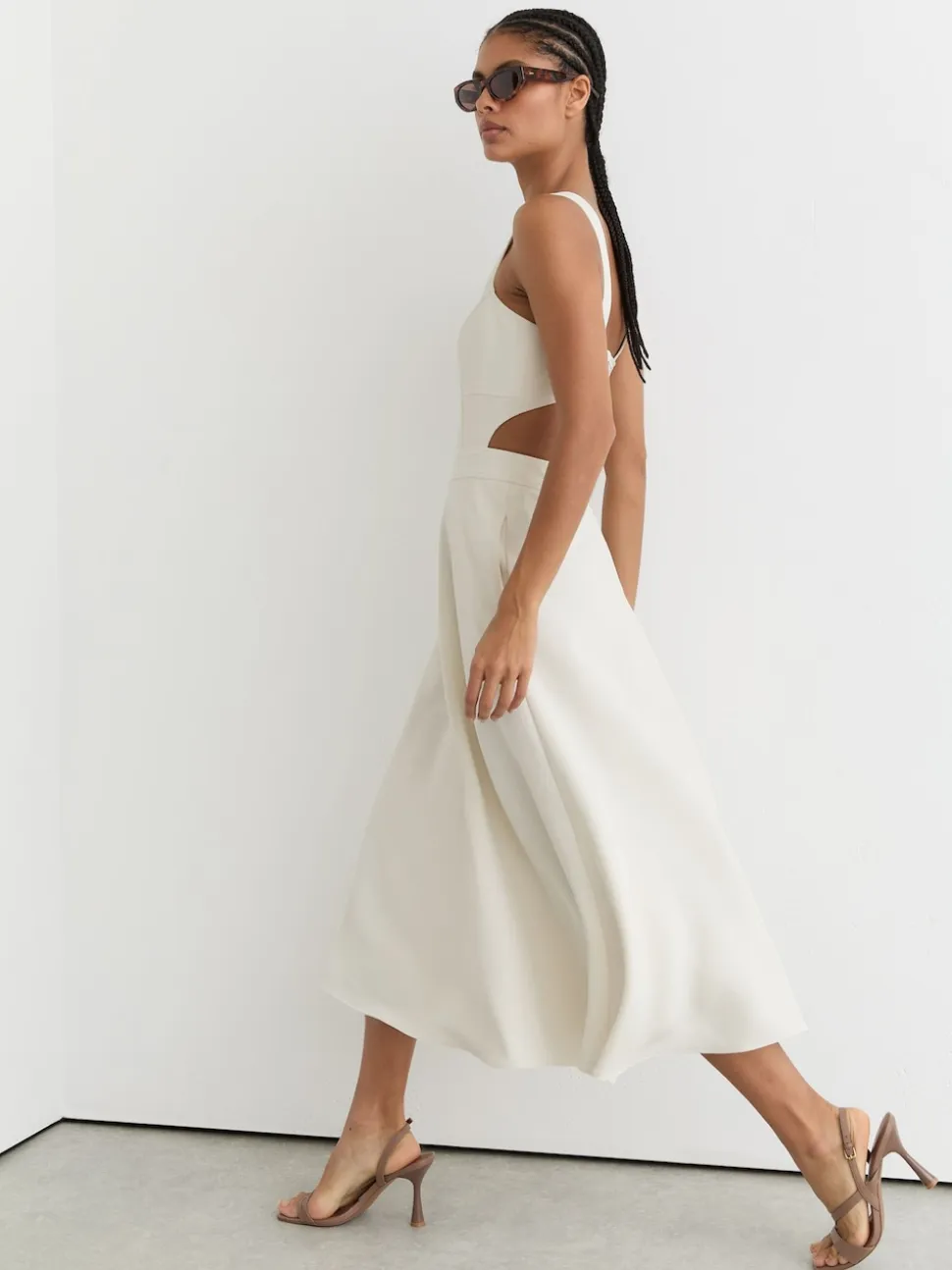 Reiss Ivory Dina Waisted Cut-Out Twill Midi Dress