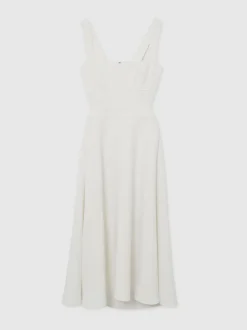 Reiss Ivory Dina Waisted Cut-Out Twill Midi Dress