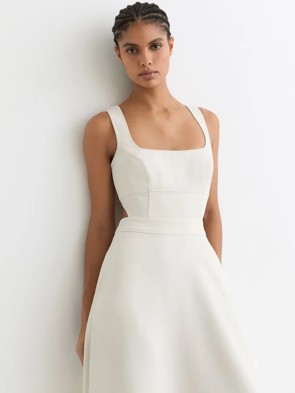 Reiss Ivory Dina Waisted Cut-Out Twill Midi Dress