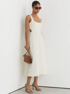 Reiss Ivory Dina Waisted Cut-Out Twill Midi Dress
