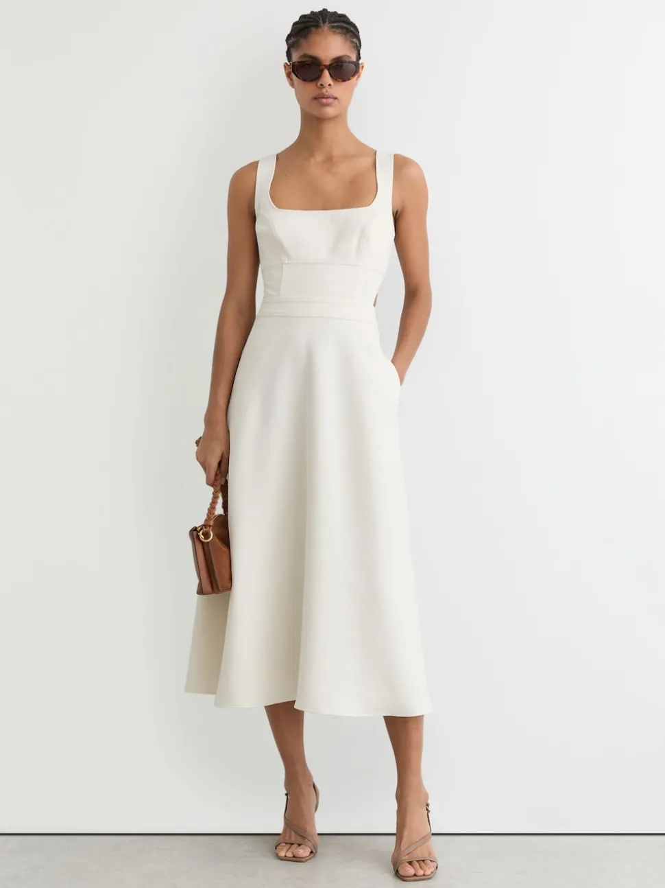 Reiss Ivory Dina Waisted Cut-Out Twill Midi Dress