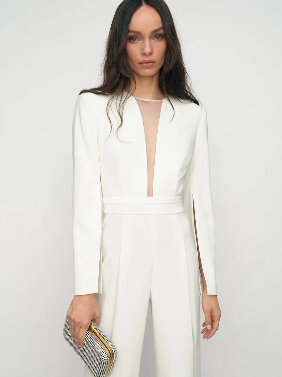 Reiss Ivory Evora Plunge-Neck Split-Sleeve Jumpsuit