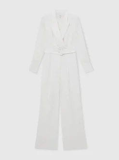 Reiss Ivory Flora Sheer-Sleeve Wide-Leg Tuxedo Jumpsuit