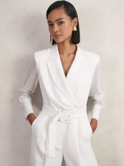 Reiss Ivory Flora Sheer-Sleeve Wide-Leg Tuxedo Jumpsuit