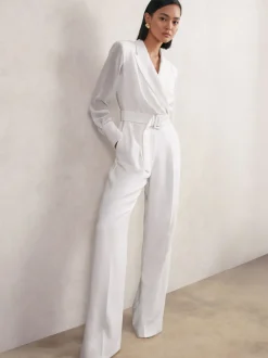 Reiss Ivory Flora Sheer-Sleeve Wide-Leg Tuxedo Jumpsuit