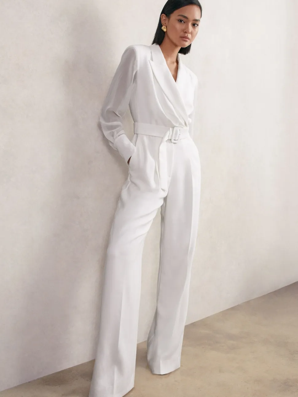 Reiss Ivory Flora Sheer-Sleeve Wide-Leg Tuxedo Jumpsuit