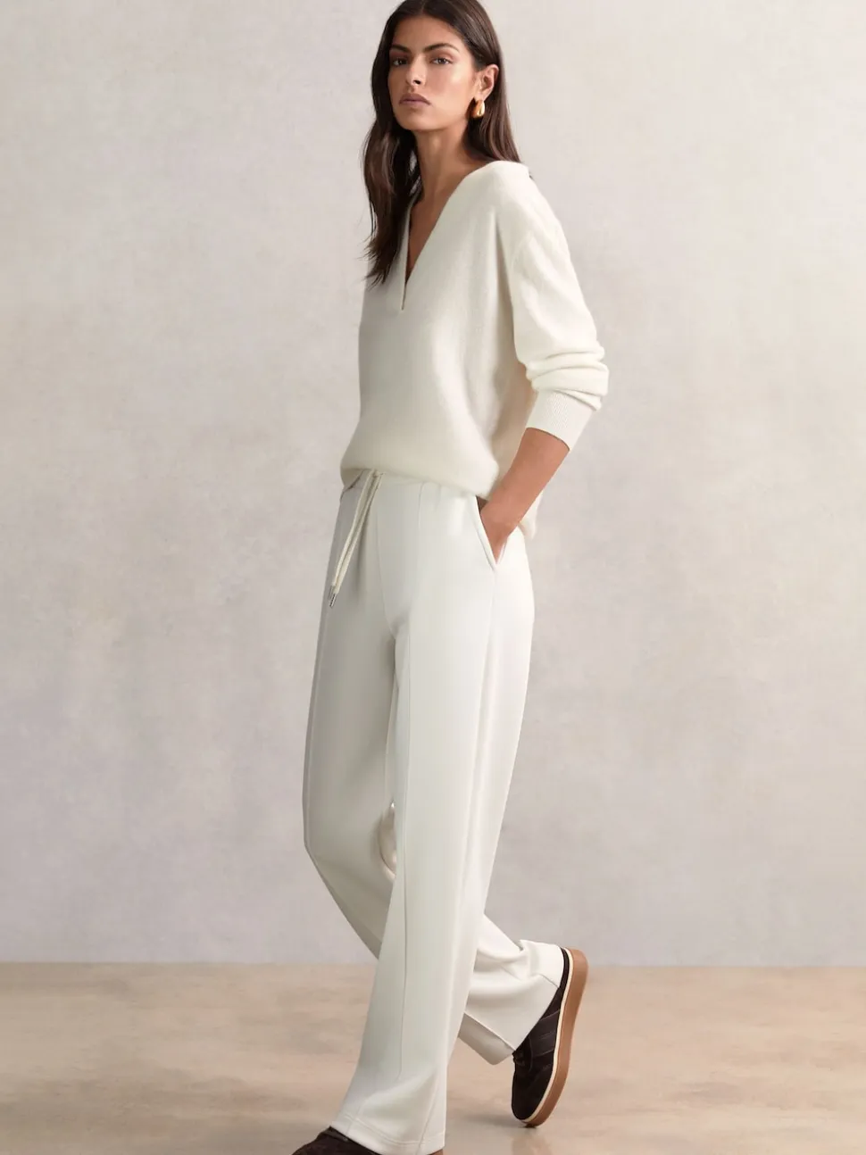 Reiss Ivory Jemma Petite Premium Interlock Wide-Leg Joggers