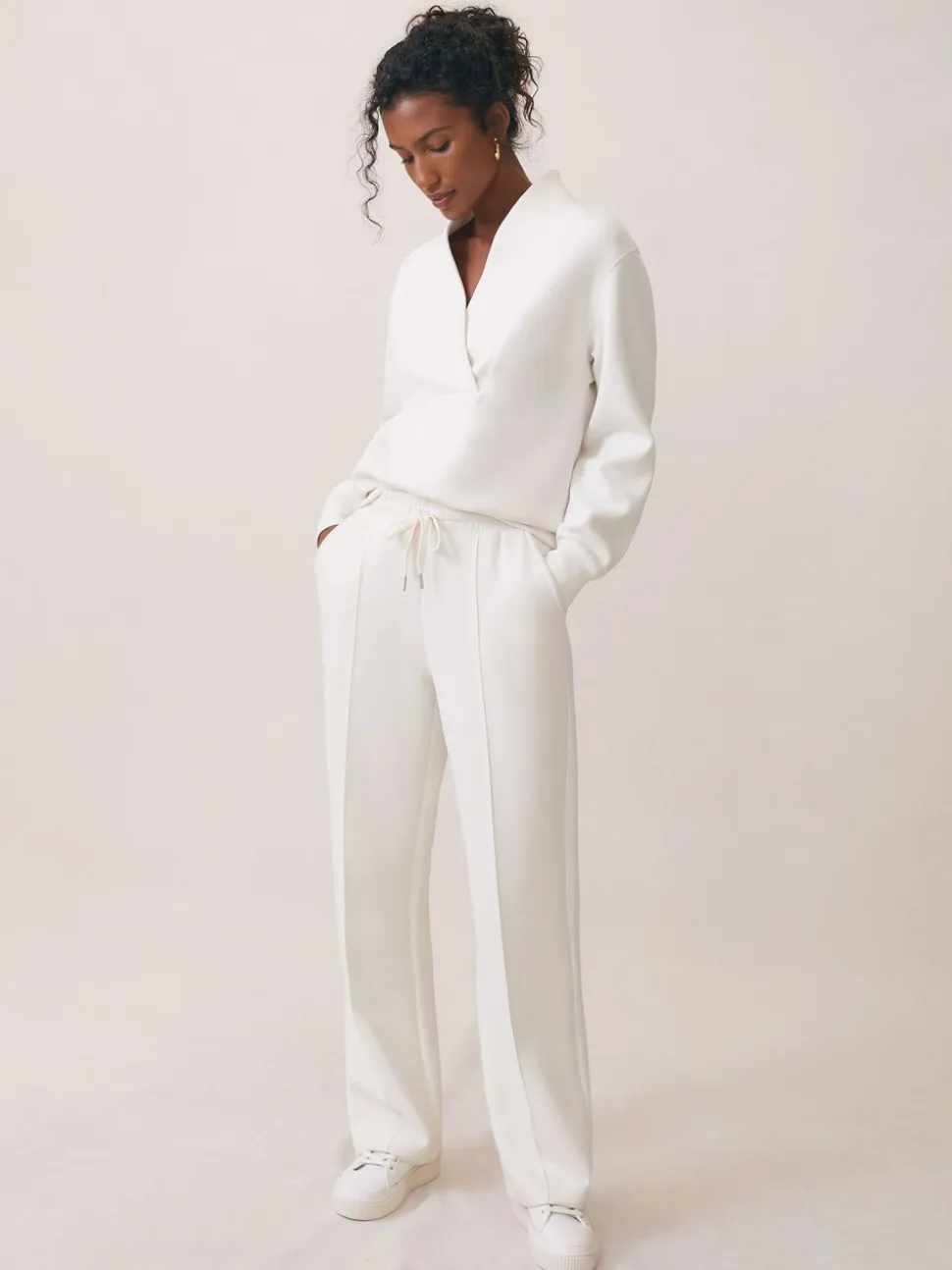 Reiss Ivory Jemma Premium Interlock Wide-Leg Joggers