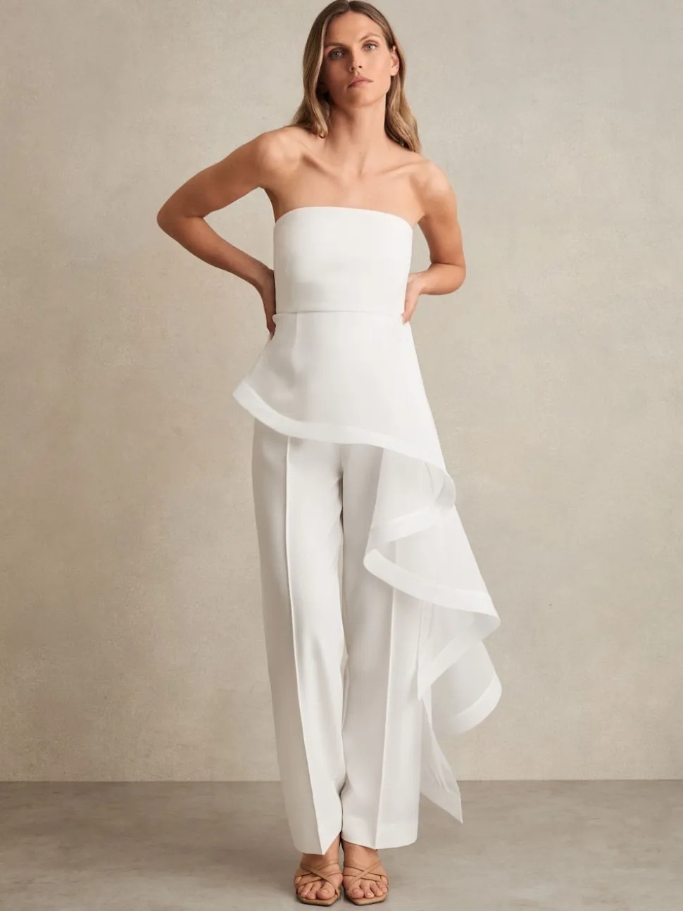 Reiss Ivory Rhiannon Silk Ruffle Bandeau Wide-Leg Jumpsuit