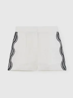 Reiss Ivory/Navy Felicity Linen Scallop-Trim Shorts