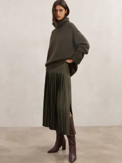 Reiss Khaki Green Savannah Pleated Midi Skirt
