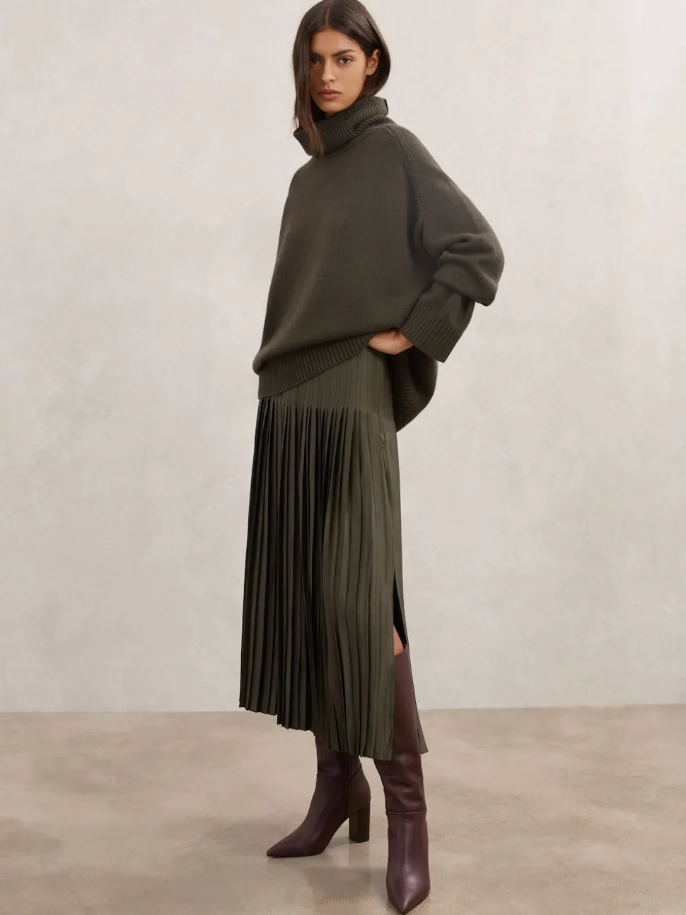Reiss Khaki Green Savannah Pleated Midi Skirt