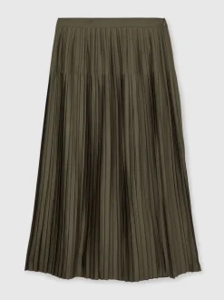Reiss Khaki Green Savannah Pleated Midi Skirt