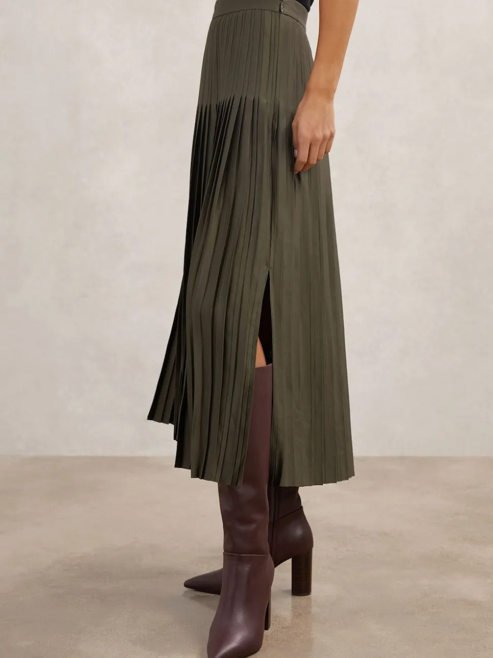 Reiss Khaki Green Savannah Pleated Midi Skirt