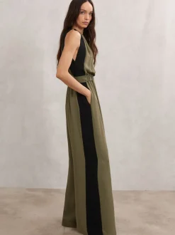 Reiss Khaki Green/Black Inez Colourblock Gathered Wide-Leg Jumpsuit