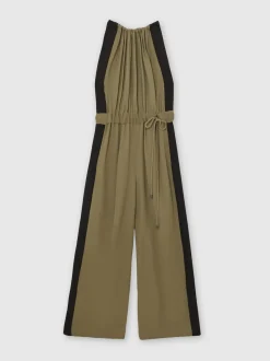 Reiss Khaki Green/Black Inez Colourblock Gathered Wide-Leg Jumpsuit