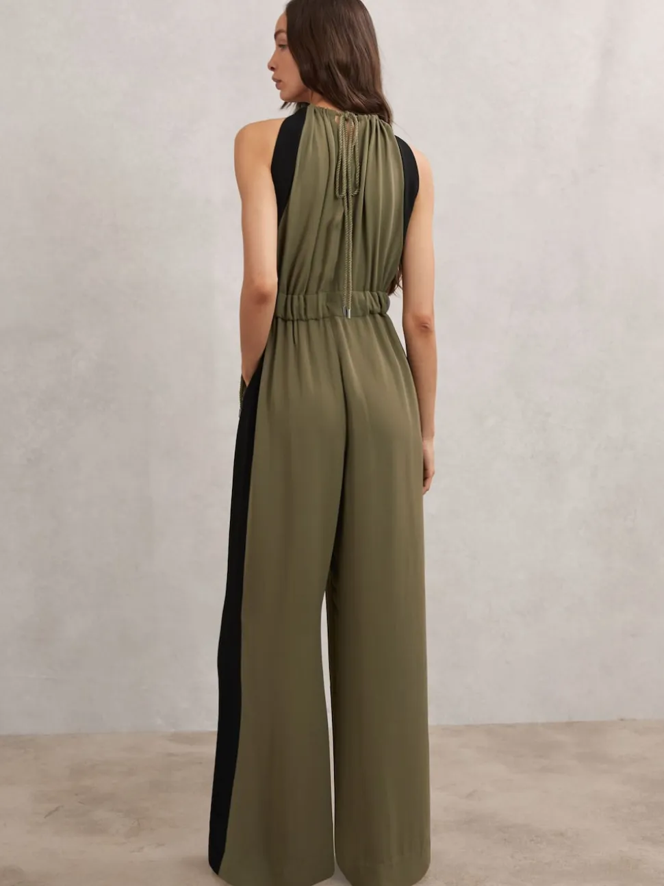 Reiss Khaki Green/Black Inez Colourblock Gathered Wide-Leg Jumpsuit
