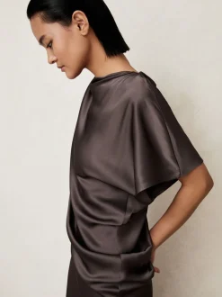 Reiss Mauve Kenzie Satin Asymmetric Draped Midi Dress