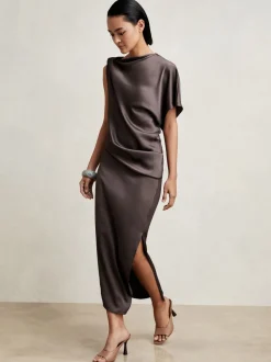 Reiss Mauve Kenzie Satin Asymmetric Draped Midi Dress