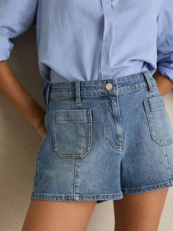 Reiss Mid Blue Kira Mid-Rise Patch Pocket Denim Shorts