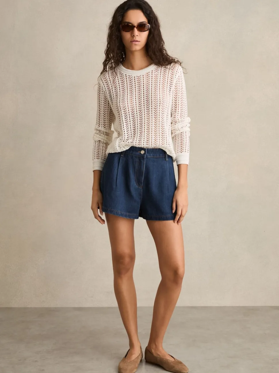 Reiss Mid Blue Raymond Denim Pleated Shorts