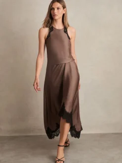 Reiss Mocha Brown Anais Satin Drape Lace-Trim Dress