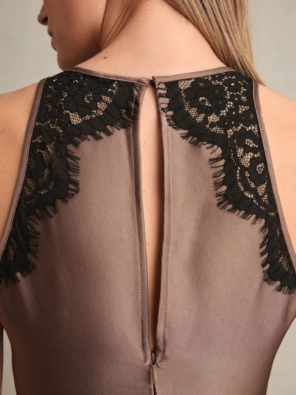 Reiss Mocha Brown Anais Satin Drape Lace-Trim Dress