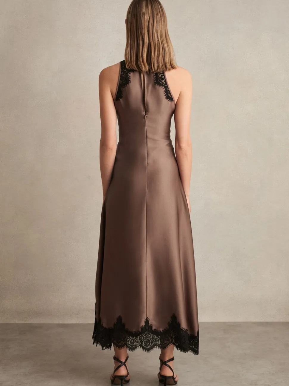 Reiss Mocha Brown Anais Satin Drape Lace-Trim Dress