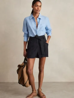 Reiss Navy Avril Belted Button Tab Shorts