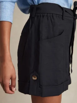 Reiss Navy Avril Belted Button Tab Shorts