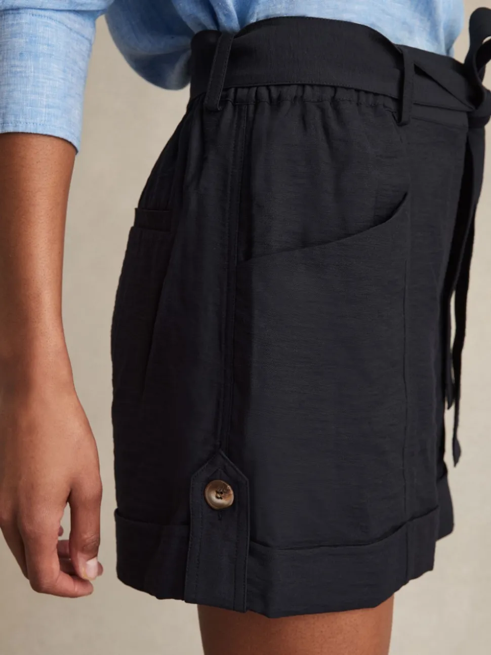 Reiss Navy Avril Belted Button Tab Shorts