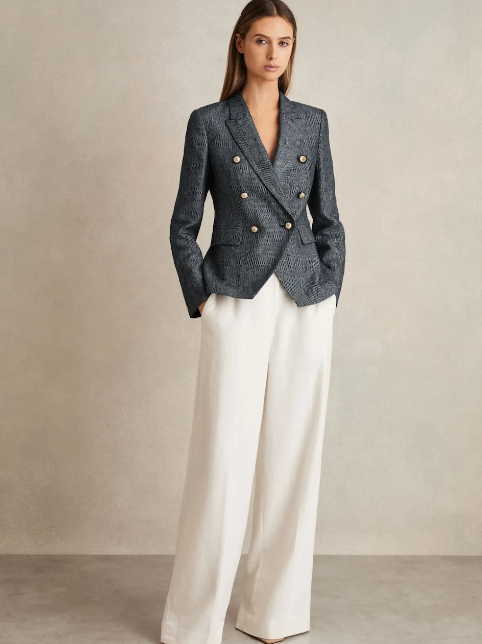 Reiss Navy Baker Linen-Cotton Double-Breasted Blazer