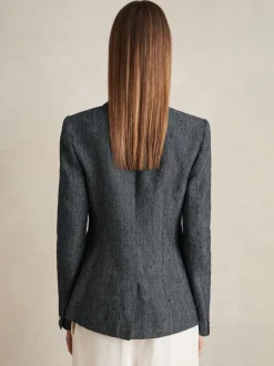 Reiss Navy Baker Linen-Cotton Double-Breasted Blazer