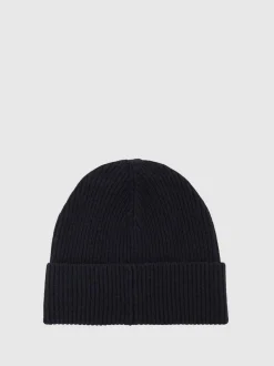Reiss Navy Bianca Merino Wool Blend Button Beanie With Cashmere