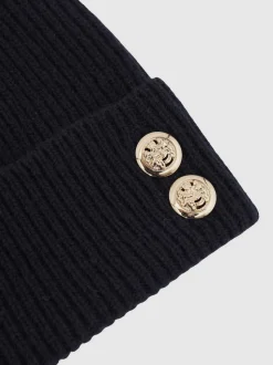 Reiss Navy Bianca Merino Wool Blend Button Beanie With Cashmere