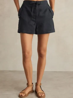 Reiss Navy Cara 100% Linen Beach Shorts