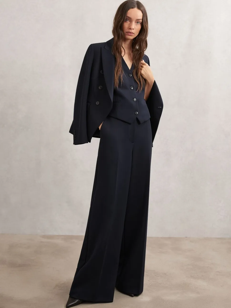 Reiss Navy Gabi Petite Wide-Leg Suit Trousers