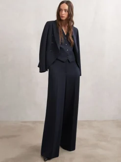 Reiss Navy Gabi Petite Wide-Leg Suit Trousers