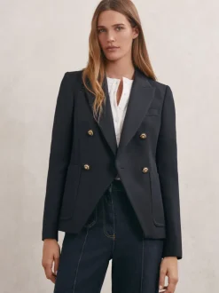 Reiss Navy Gigi Wool-Blend Double-Breasted Blazer