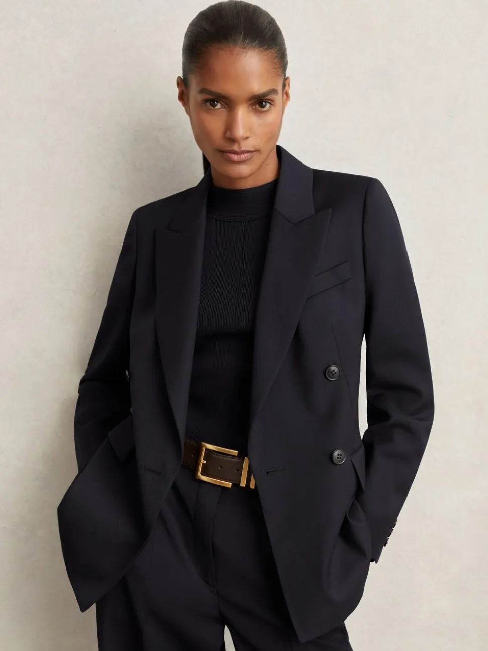 Reiss Navy Haisley Wool Blend Double Breasted Suit Blazer
