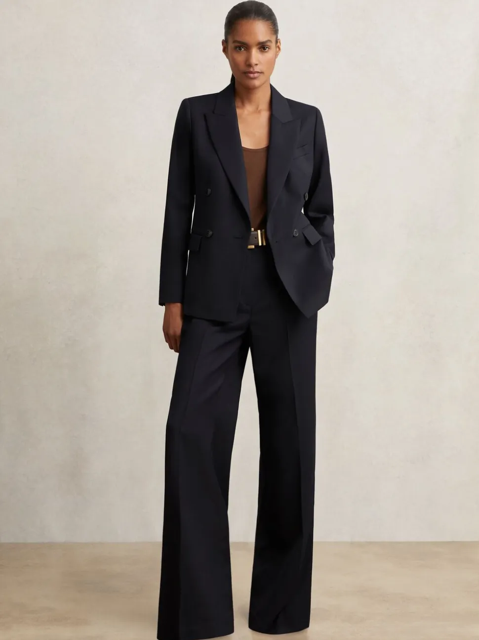 Reiss Navy Haisley Wool Blend Double Breasted Suit Blazer