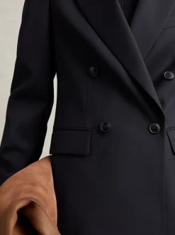 Reiss Navy Haisley Wool Blend Double Breasted Suit Blazer