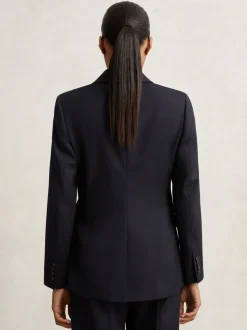 Reiss Navy Haisley Wool Blend Double Breasted Suit Blazer