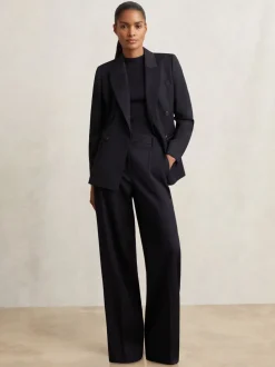 Reiss Navy Haisley Wool Blend Double Breasted Suit Blazer