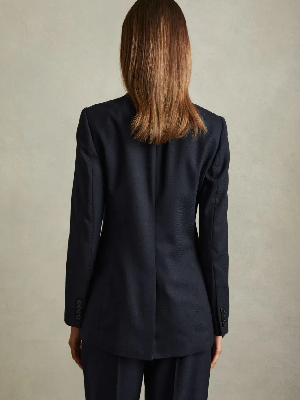 Reiss Navy Hallie Petite Textured Double Breasted Suit Blazer