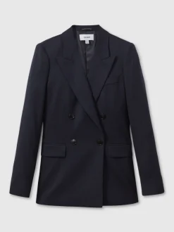 Reiss Navy Hallie Petite Textured Double Breasted Suit Blazer