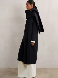 Reiss Navy Indira Wool-Blend Scarf Blindseam Coat
