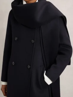 Reiss Navy Indira Wool-Blend Scarf Blindseam Coat