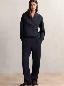 Reiss Navy Jemma Petite Premium Interlock Wide-Leg Joggers