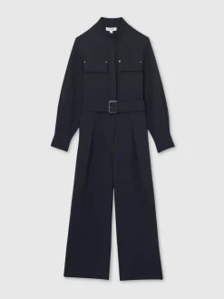 Reiss Navy Kaia Tailored Wide Leg Utility Jumpsuit